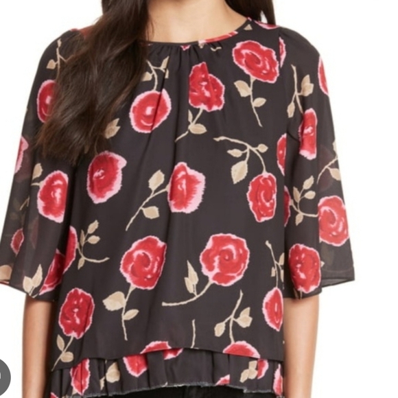 Kate Spade Hazy Rose Black Top with Red Floral Design Xs - Picture 3 of 10